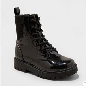 Girls Rochelle Glitter Zipper Lace-Up Combat Boots. Size 5 Girls. Black.